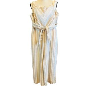 Anthropologie Savannah Jumpsuit Stripe Linen Tan White Neutral Wide Crop Leg 14